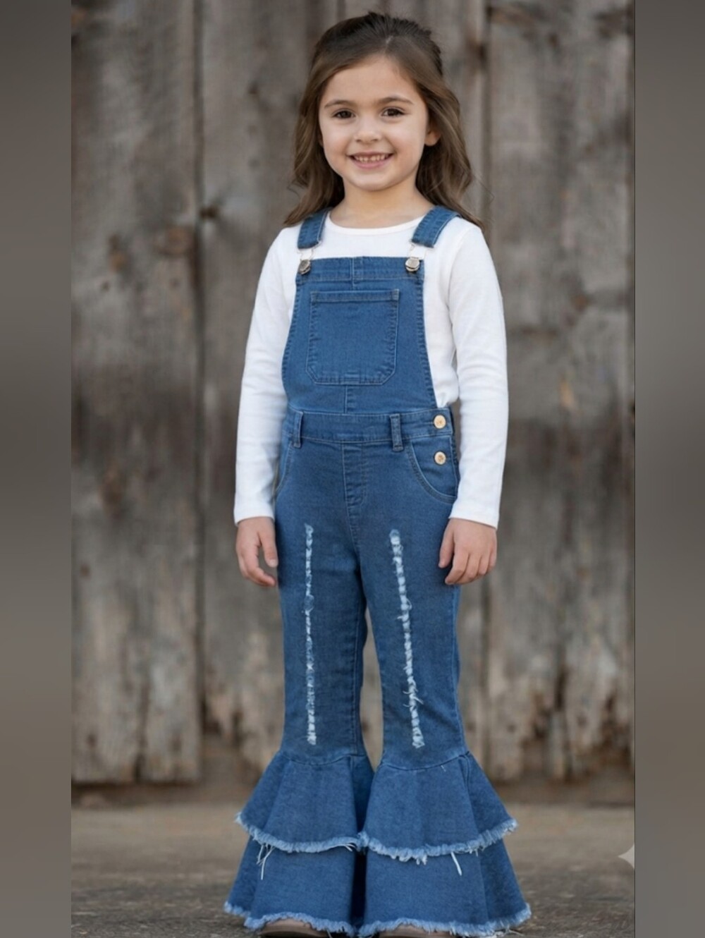 Girls Denim Ruffle Bell-Bottom Overalls - Blue